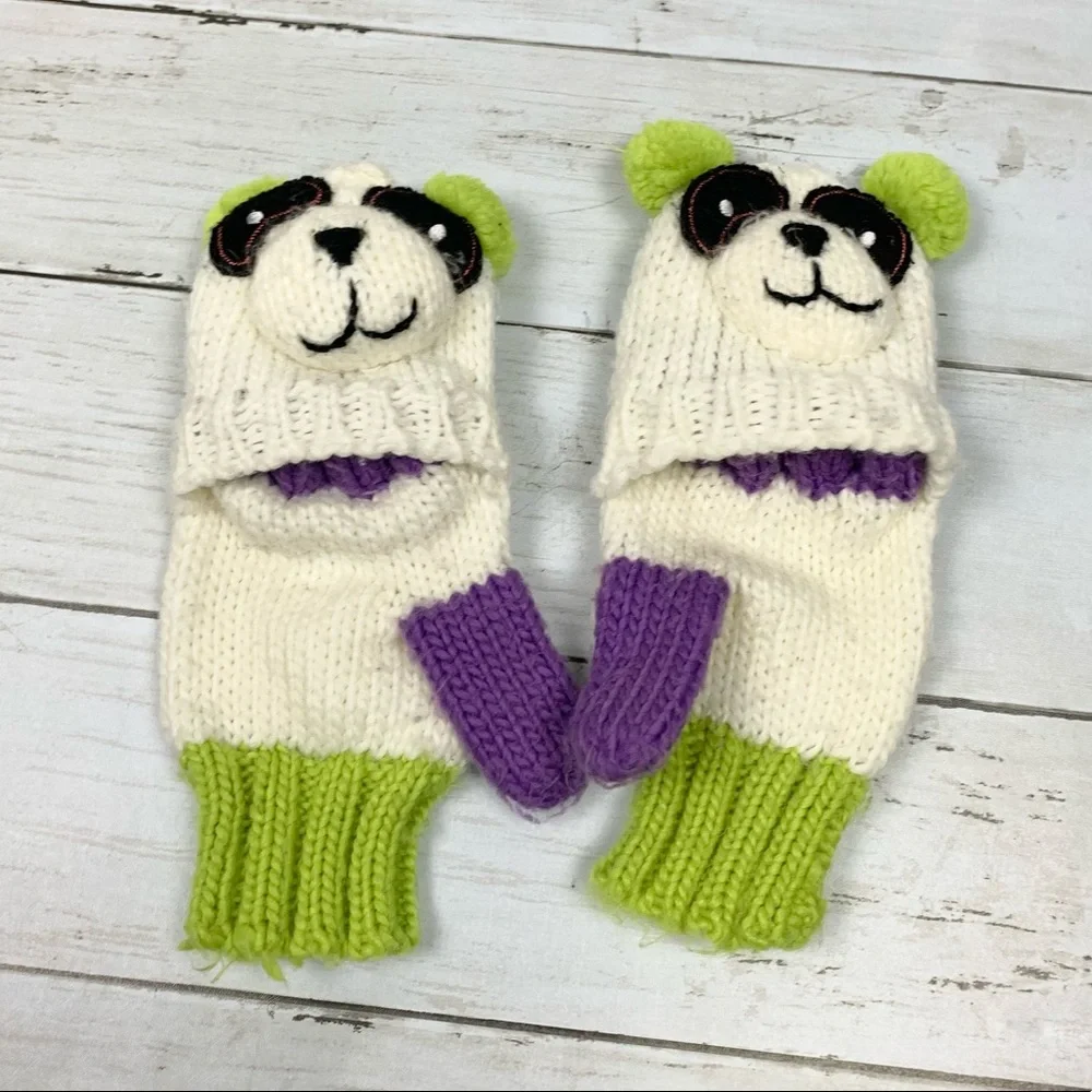 Panda Convertible Fingerless Flip Top Knit Mittens